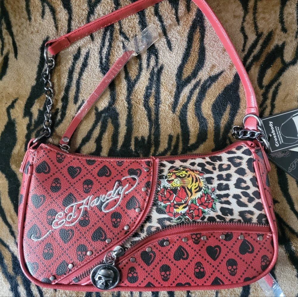 Ed Hardy Red and Leopard Print Women's Crossbody Bag Purse NEW w tags
